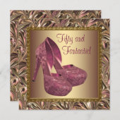 ハイヒールシューズ女性ピンク金ゴールド50誕生日 招待状 (正面/裏面)