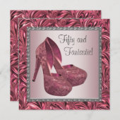 ハイヒールシューズ女性ピンク50誕生日 招待状 (正面/裏面)