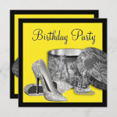 ハイヒールシューズ女性ブラックイエロー誕生日 招待状 (正面/裏面)