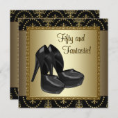 ハイヒールシューズ女性ブラック金ゴールド50誕生日 招待状 (正面/裏面)