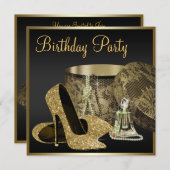 ハイヒールシューズ女性ブラック&金ゴールド誕生日 招待状 (正面/裏面)