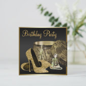 ハイヒールシューズ女性ブラック&金ゴールド誕生日 招待状 (スタンド正面)