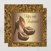 ハイヒールシューズ女性金ゴールド50th誕生日パーティー 招待状 (正面/裏面)