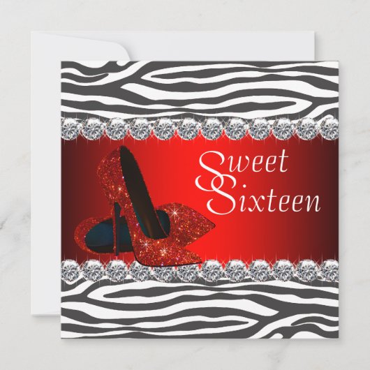 ハイヒールシューズ 赤いシマウマ Sweet 16 パーティー招待状 招待状 (正面)