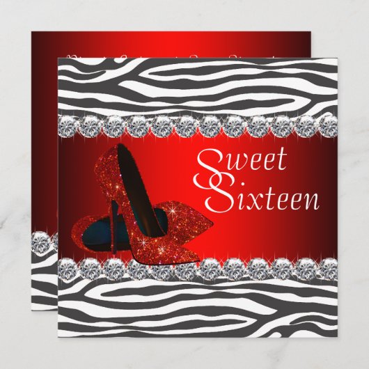 ハイヒールシューレッドゼブラスウィート16パーティの招待状 招待状 (正面/裏面)