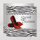 ハイヒールシューレッドゼブラ誕生日パーティー 招待状 (正面/裏面)