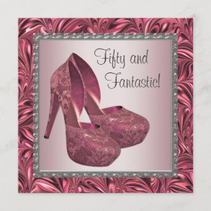 ハイヒールシュー女性ピンク50th誕生日 招待状