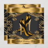 ハイヒールスタイリッシュブラック&金ゴールド誕生日パーティー 招待状 (正面/裏面)