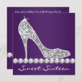 ハイヒールパープルSweet sixteen誕生日パーティー 招待状 (正面/裏面)