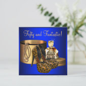 ハイヒールヒョウ青金ゴールド女性50番目誕生日 招待状 (スタンド正面)