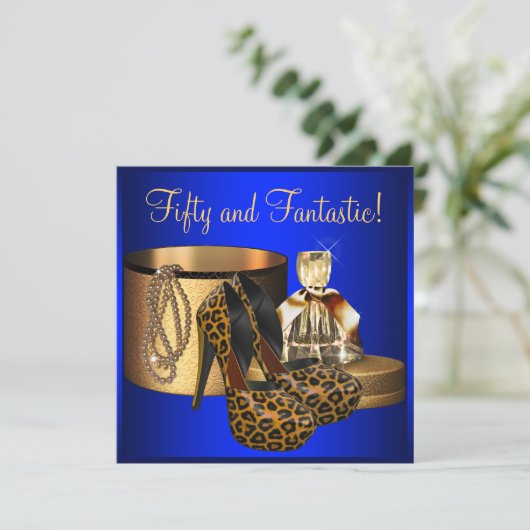 ハイヒールヒョウ青金ゴールド女性50番目誕生日 招待状 (スタンド正面)