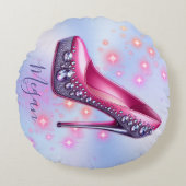 ハイヒールモノグラムのイングリッターピンクon Blue | ラウンドクッション (正面)
