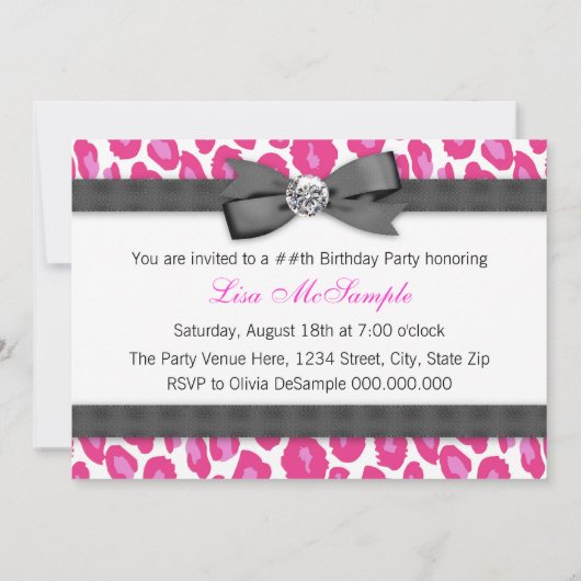 ハイヒール及びショッキングピンクのヒョウの誕生会 招待状 (裏面)