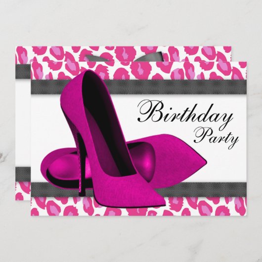 ハイヒール及びショッキングピンクのヒョウの誕生会 招待状 (正面/裏面)