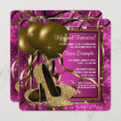 ハイヒール女性ホットピンクと金ゴールド誕生日パーティー 招待状 (正面/裏面)