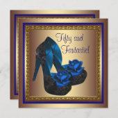 ハイヒール王室のシューズブルー金ゴールド50誕生日 招待状 (正面/裏面)