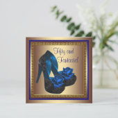 ハイヒール王室のシューズブルー金ゴールド50誕生日 招待状 (スタンド正面)