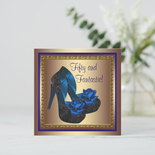 ハイヒール王室のシューズブルー金ゴールド50誕生日 招待状 (スタンド正面)
