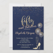 ハイヒール紙吹雪，ネイビーブルー50th誕生日パーティー 招待状 (正面)