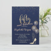 ハイヒール紙吹雪，ネイビーブルー50th誕生日パーティー 招待状 (スタンド正面)
