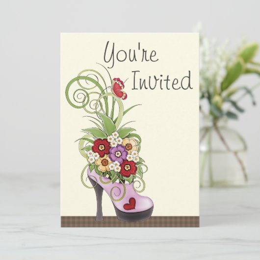 ハイヒール靴と花誕生日招待状 招待状 (スタンド正面)