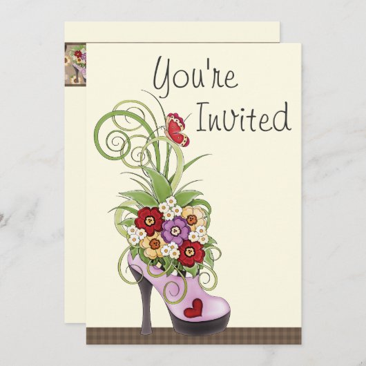 ハイヒール靴と花誕生日招待状 招待状 (正面/裏面)