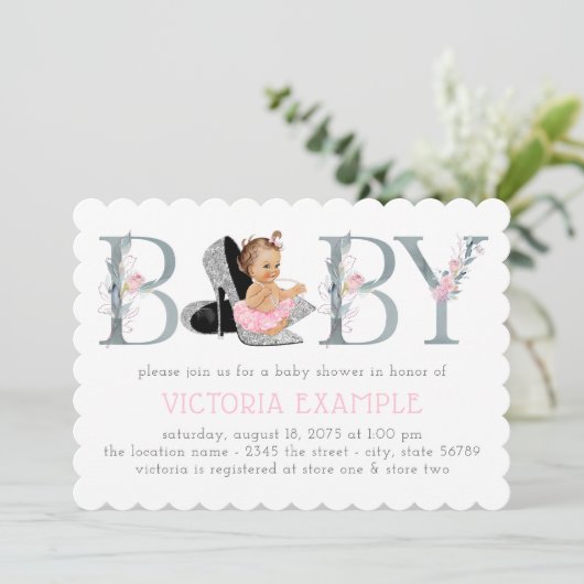 ハイヒール靴ベビーガールシャワー招待状 招待状 (スタンド正面)
