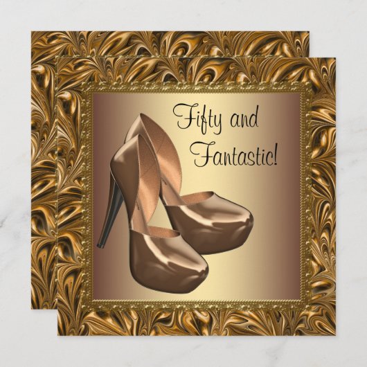 ハイヒール靴 女性 ゴールド 50歳 誕生日パーティー 招待状 (正面/裏面)