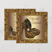 ハイヒール靴 女性 レオパード ゴールド 50歳の誕生日 招待状 (正面/裏面)