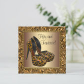 ハイヒール靴 女性 レオパード ゴールド 50歳の誕生日 招待状 (スタンド正面)