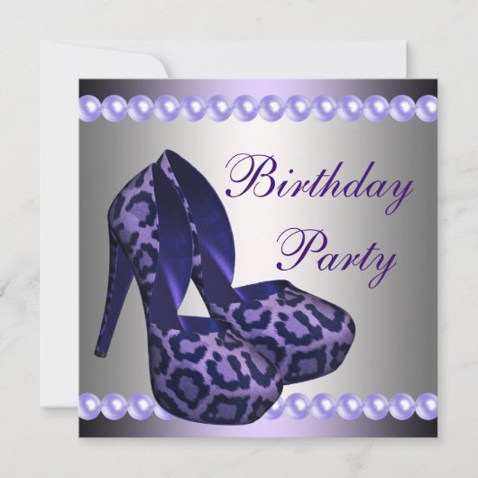 ハイヒール靴 紫 ヒョウ柄 誕生日パーティー 招待状 (正面)