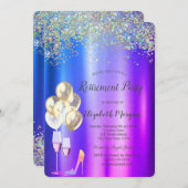 ハイヒール,カラフルなコンフェッティ 紫の退職祝い 招待状 (正面/裏面)