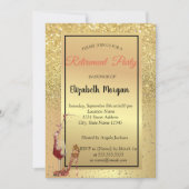 ハイヒール、ガラス、赤、金ゴールドグリッター退職パーティー 招待状 (正面)