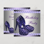 ハイヒール シューズ パープル レオパード 誕生日パーティー 招待状 (正面/裏面)