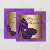 ハイヒール シューズ 女性 パープル ゴールド 誕生日パーティー 招待状 (正面/裏面)