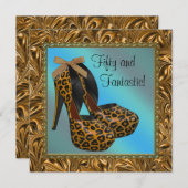 ハイヒール シューズ 女性 ヒョウ柄 ゴールド 50歳の誕生日 招待状 (正面/裏面)