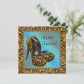 ハイヒール シューズ 女性 ヒョウ柄 ゴールド 50歳の誕生日 招待状 (スタンド正面)