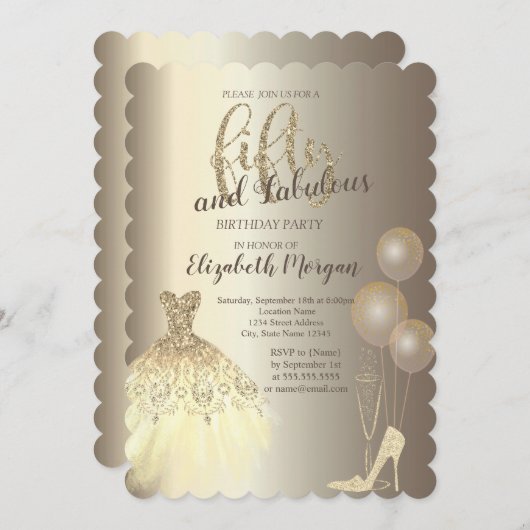 ハイヒール，ドレス，シャンパン50誕生日 招待状 (正面/裏面)