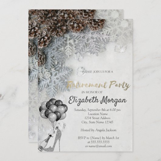 ハイヒール、バルーン、雪片、退職パーティー 招待状 (正面/裏面)