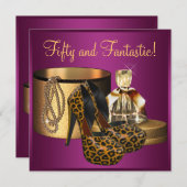 ハイヒール ピンク レオパード 女性の 50歳の誕生日 招待状 (正面/裏面)