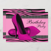 ハイヒール&ホットピンクゼブラ誕生日パーティー 招待状 (正面/裏面)