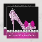 ハイヒール ホットピンク スイート16 バースデーパーティー 招待状 (正面/裏面)