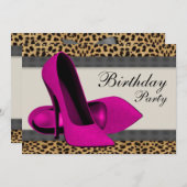 ハイヒール ホットピンク レオパード 誕生日パーティー 招待状 (正面/裏面)