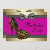 ハイヒール ホットピンク レオパード 誕生日 招待状 (正面/裏面)