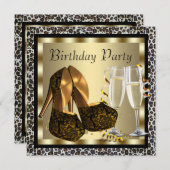 ハイヒール レオパード 誕生日 女性 コックテール 招待状 (正面/裏面)