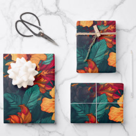 ハイビカラフルスカス、イエローオレンジフローラ、3セット ラッピングペーパーシート