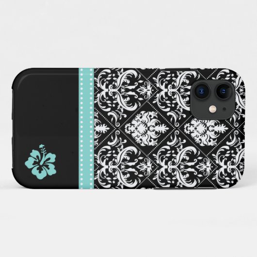 ハイビスカスが付いているエレガントで黒く及び白いダマスク織 Case-Mate iPhoneケース (裏面(横))