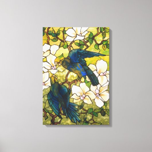 ハイビスカスとオウムのステンドグラス窓 キャンバスプリント (正面)