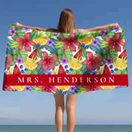 ハイビスカスとトロピカル葉の名前 ビーチタオル