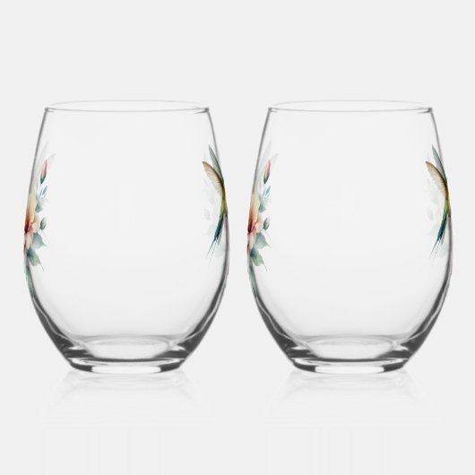 ハイビスカスとハミングバードエレガント調和 ステムなしワイングラス (左)